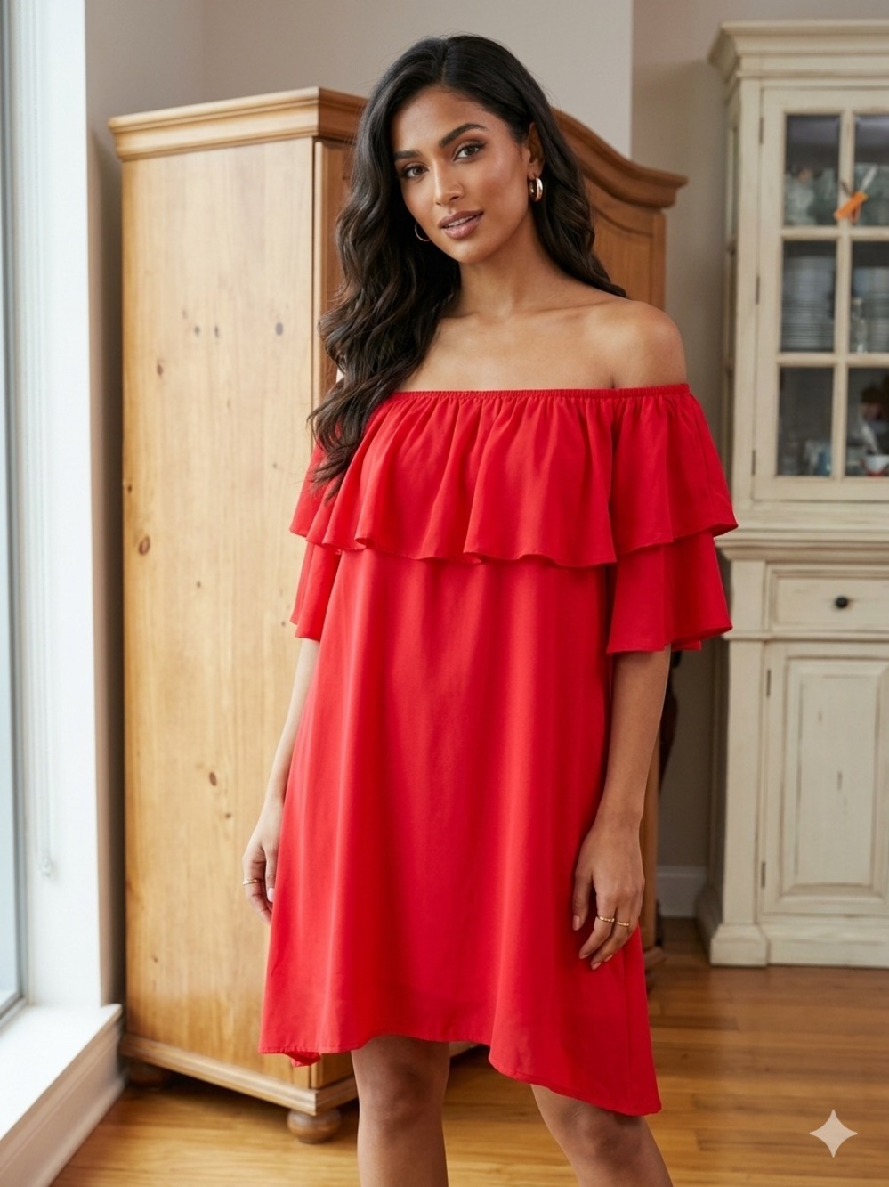 Fashion Nova Red Off-Shoulder Ruffle Midi Dress